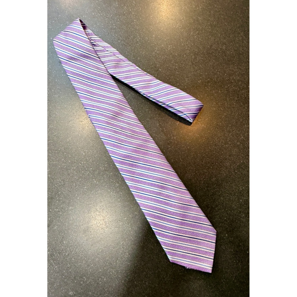 Saks Fifth Avenue Tie OS Purple Striped Italian Silk Necktie Wedding Corporate